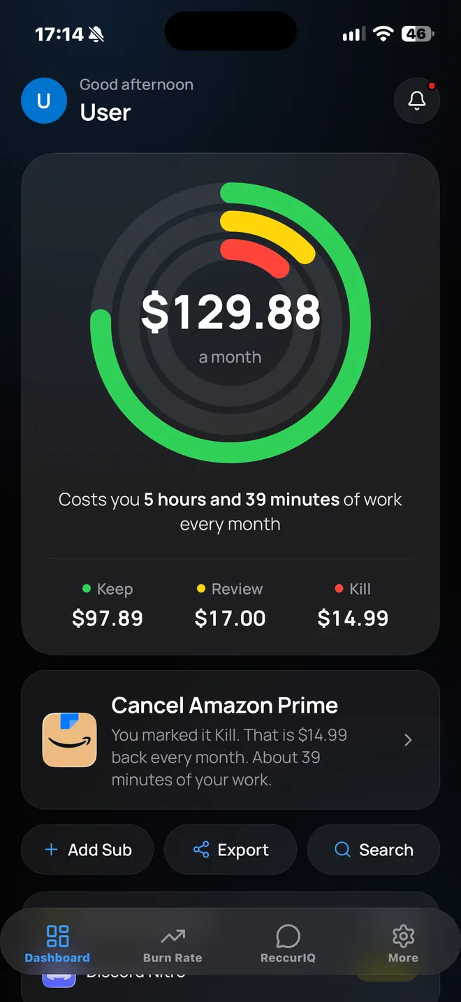 ReccurIQ dashboard: $129.88 a month, 5 hours 39 minutes of work, split into Keep, Review and Kill