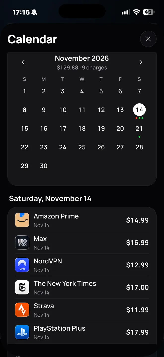 Calendar of November 2026 with 9 charges totaling $129.88