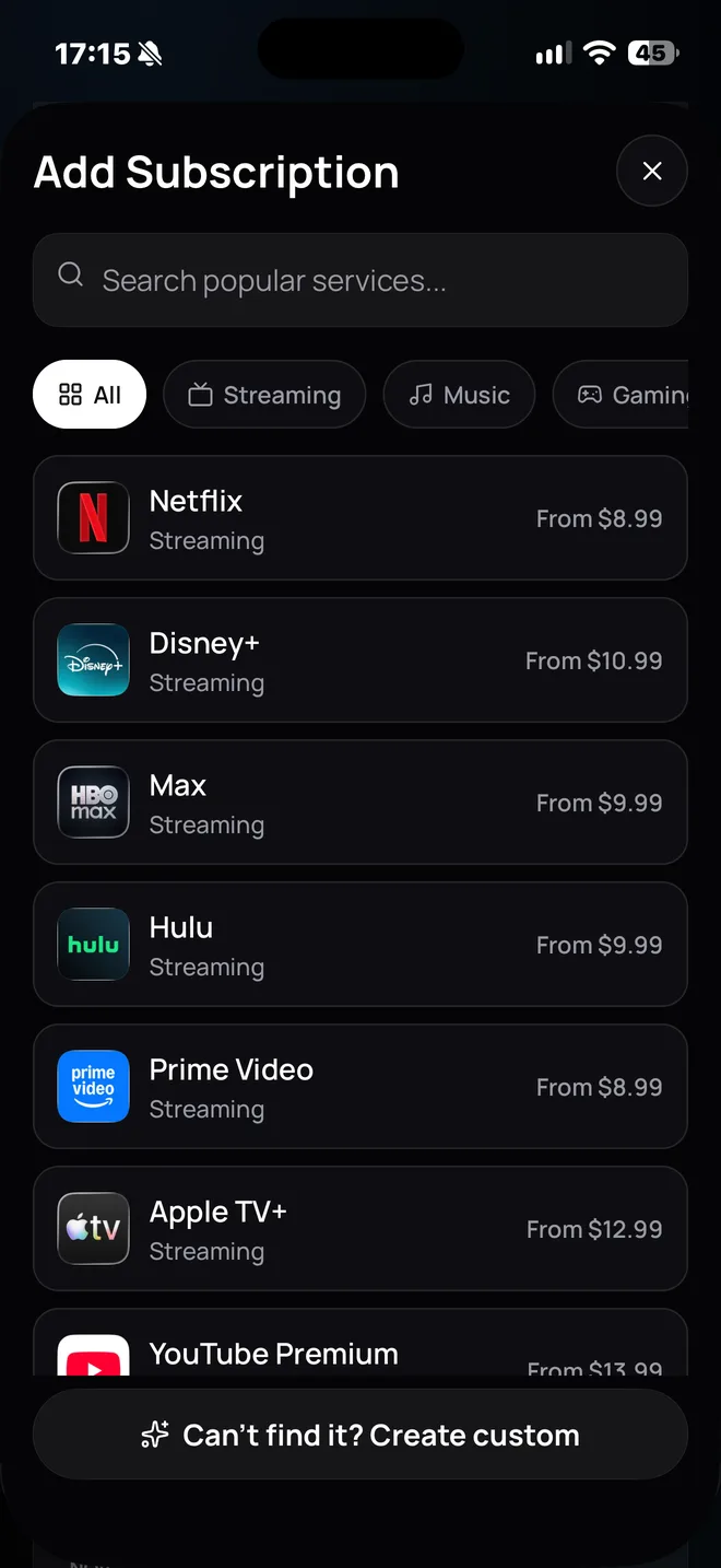 Add a subscription from a catalog of 150 services