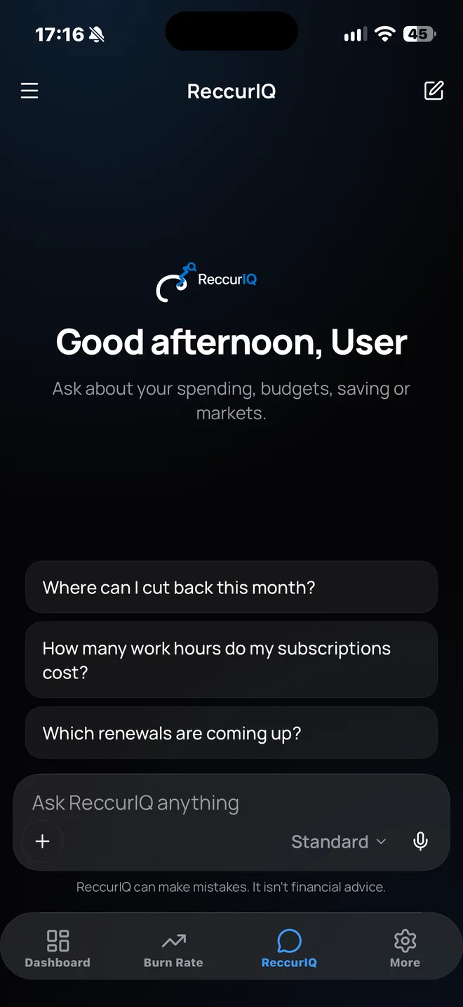 ReccurIQ AI assistant with suggested questions